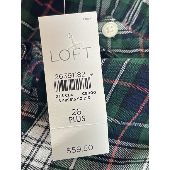 LOFT Plus Women’s 26 Plaid Ruffle Henley Flannel Top Red Green Navy Holiday NWT - Picture 12 of 13